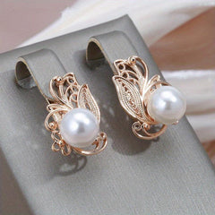 Golden Flower Pearl Drop Earrings for Women Vintage Bride Wedding Jewelry