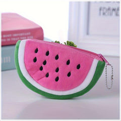 Fruit Cartoon Plush Storage Bag Watermelon Design Half Round Key Wallet