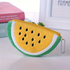 Fruit Cartoon Plush Storage Bag Watermelon Design Half Round Key Wallet