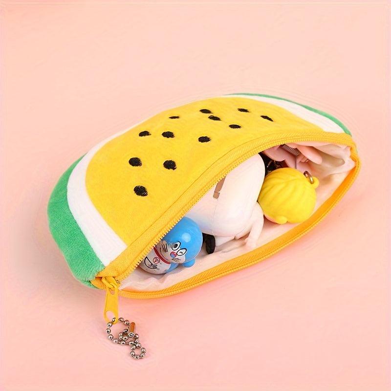 Fruit Cartoon Plush Storage Bag Watermelon Design Half Round Key Wallet