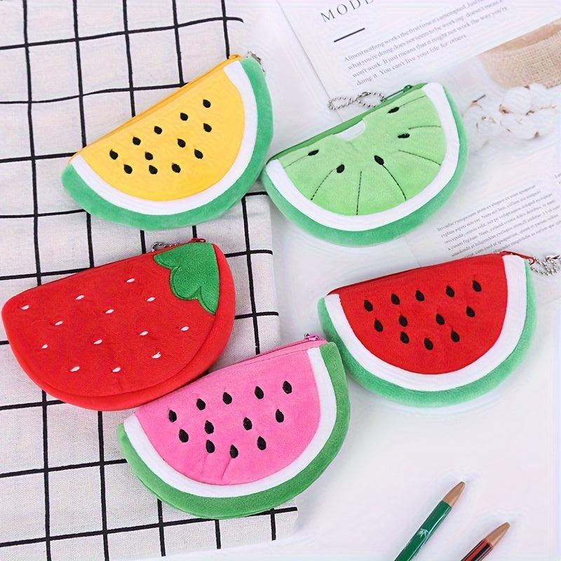 Fruit Cartoon Plush Storage Bag Watermelon Design Half Round Key Wallet