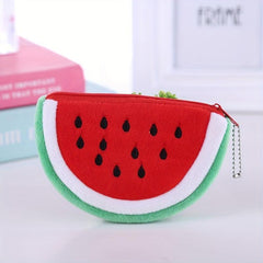 Fruit Cartoon Plush Storage Bag Watermelon Design Half Round Key Wallet
