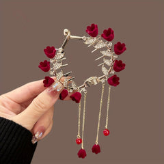 Tassel Hair Grip Red Rose Ponytail Bun Buckle Women Girls Daily Party Decor