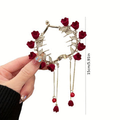 Tassel Hair Grip Red Rose Ponytail Bun Buckle Women Girls Daily Party Decor