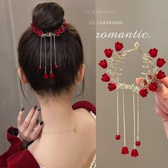 Tassel Hair Grip Red Rose Ponytail Bun Buckle Women Girls Daily Party Decor