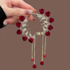 Tassel Hair Grip Red Rose Ponytail Bun Buckle Women Girls Daily Party Decor