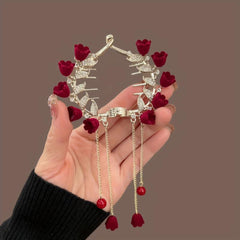 Tassel Hair Grip Red Rose Ponytail Bun Buckle Women Girls Daily Party Decor
