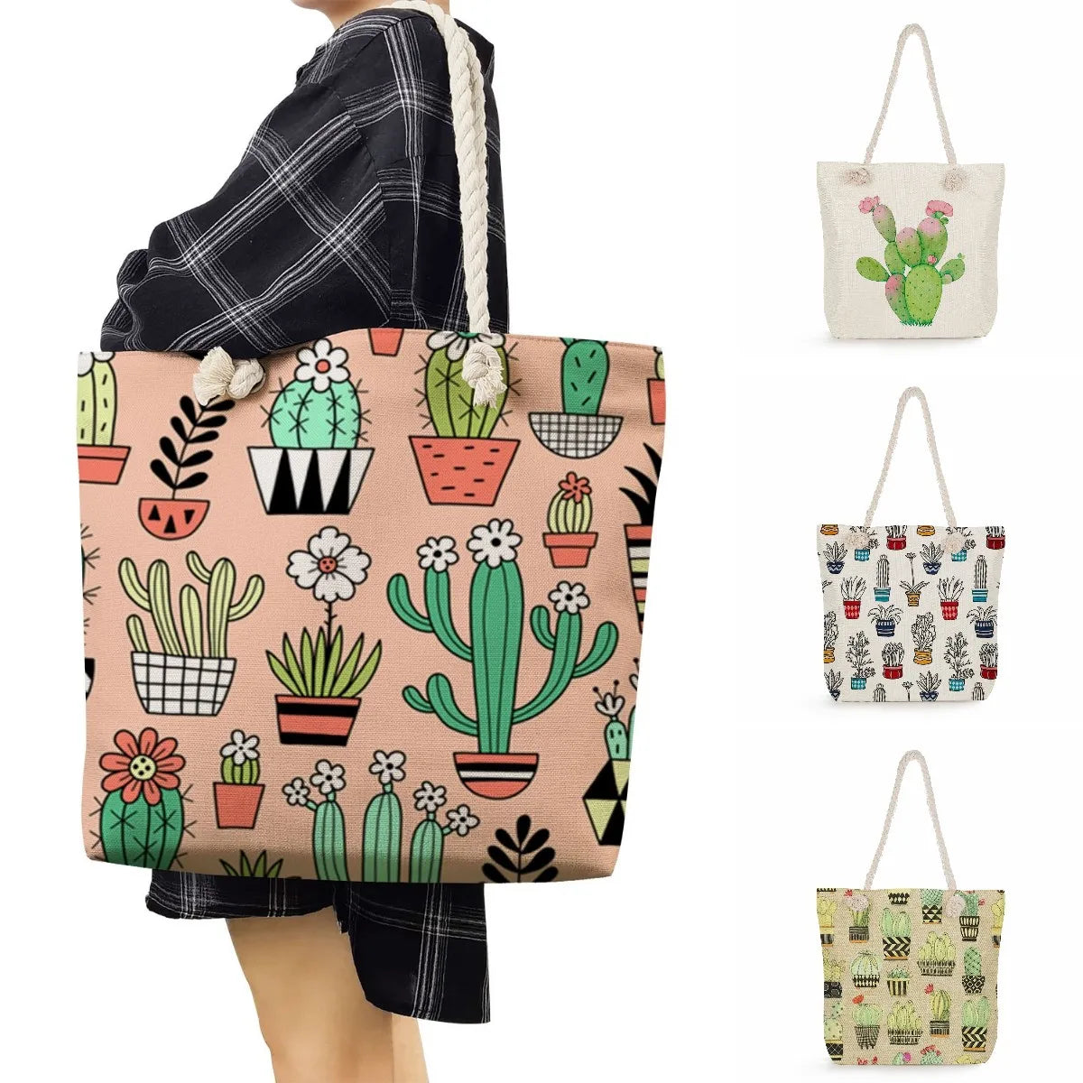 Floral Print Cactus Tote Bag for Women Thick Rope Shoulder Bag