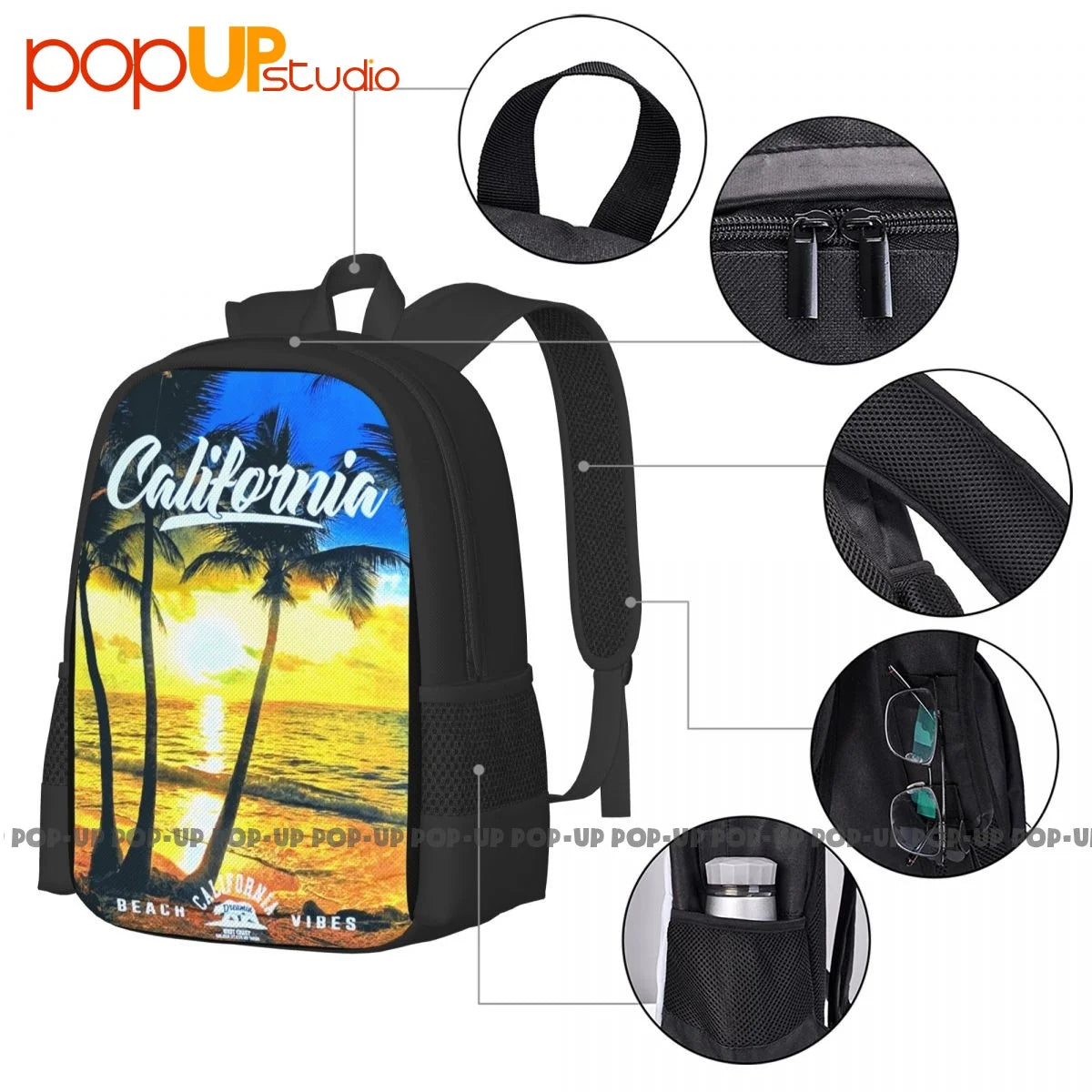 California Republic Cali Beach Palm Tree Urban Backpack Large Capacity Print