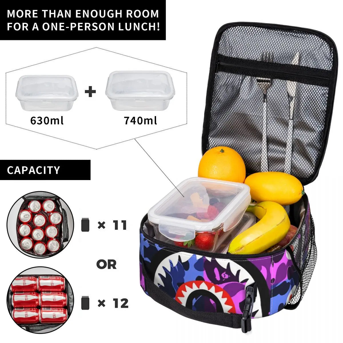 Camouflage Portable Lunch Box Leakproof Shark Teeth Cooler Insulated Lunch Bag