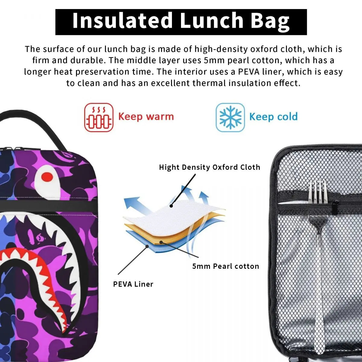 Camouflage Portable Lunch Box Leakproof Shark Teeth Cooler Insulated Lunch Bag