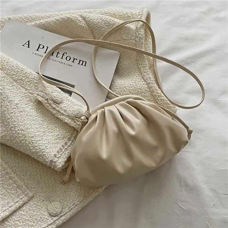 Soft Pu Leather Candy Pleated Shoulder Bag Clip Cloud Crossbody Clutch
