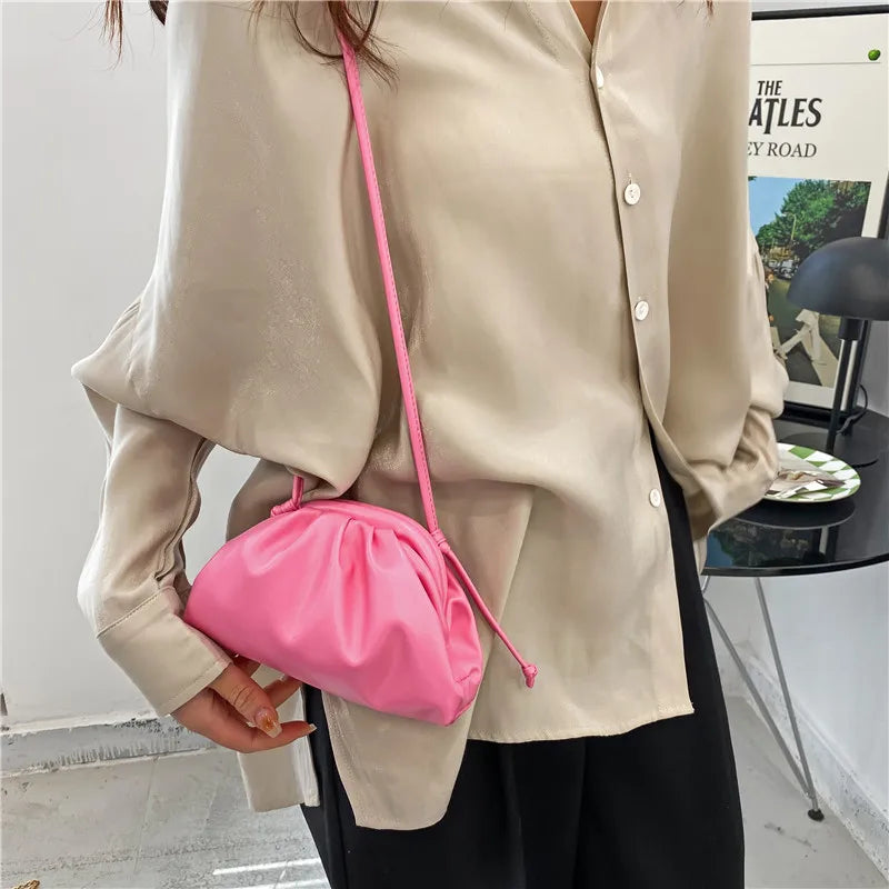 Soft Pu Leather Candy Pleated Shoulder Bag Clip Cloud Crossbody Clutch