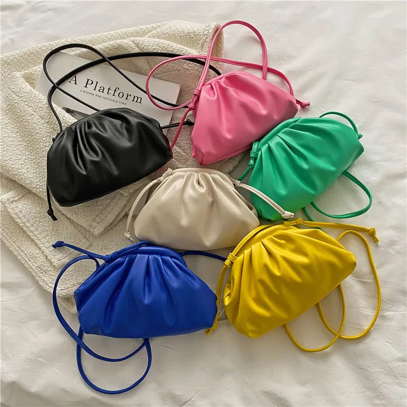 Soft Pu Leather Candy Pleated Shoulder Bag Clip Cloud Crossbody Clutch
