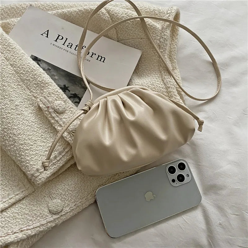 Soft Pu Leather Candy Pleated Shoulder Bag Clip Cloud Crossbody Clutch