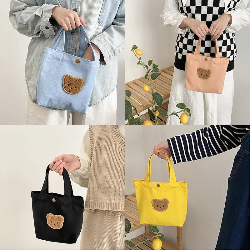 Bear Embroidered Canvas Clutch Purse Handbag