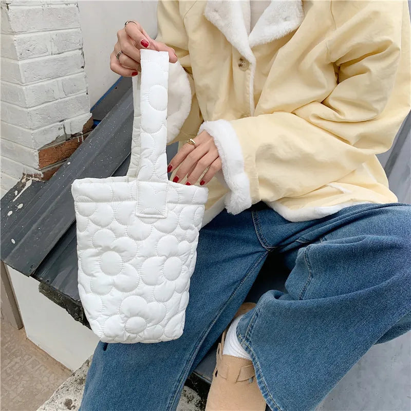 Candy Women Quilted Bucket Bag Small Shoulder Bags Flower Embroide