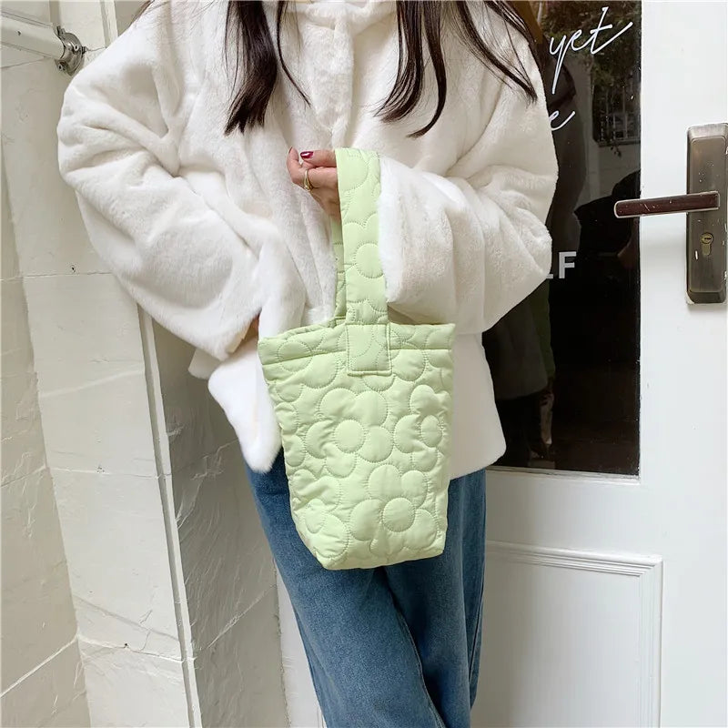 Candy Women Quilted Bucket Bag Small Shoulder Bags Flower Embroide