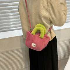 Candy Colors Small Tote Plush Shoulder Bag Faux Fur Female Clutch Purse