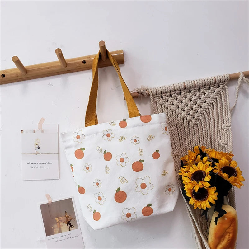 Orange Print Canvas Tote Bag for Women