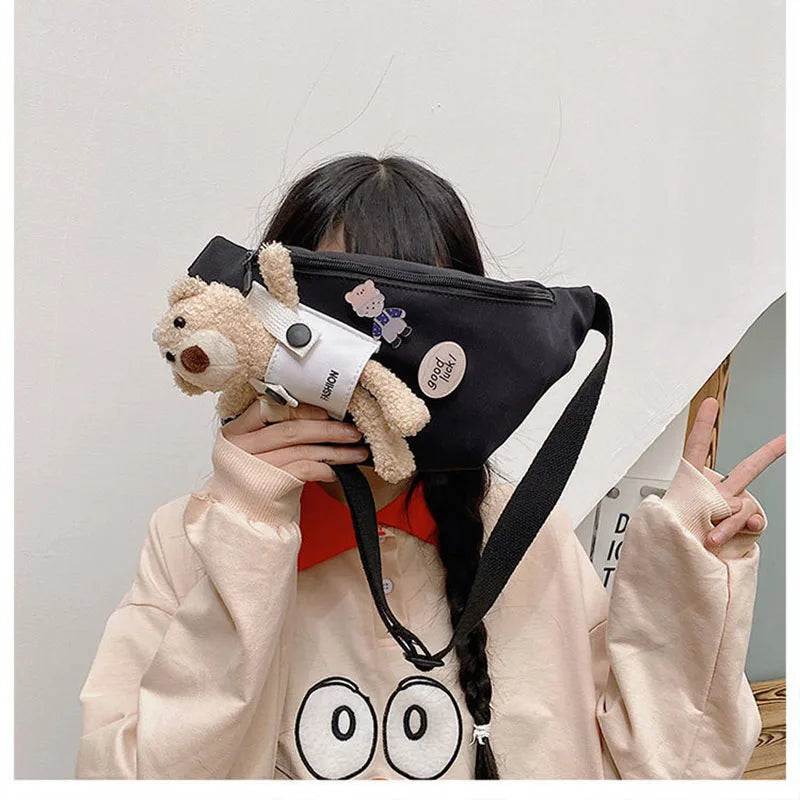 Canvas Bag Women's Chest Bag Bear Cartoon Student Girls Ins One Shoulder Messeng