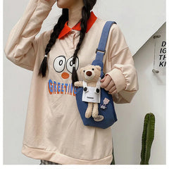 Canvas Bag Women's Chest Bag Bear Cartoon Student Girls Ins One Shoulder Messeng