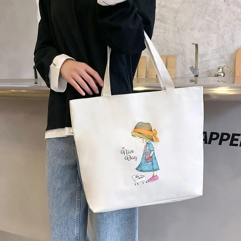 Canvas Tote Shoulder Bag Large Capacity Shopper Zipper Handbag