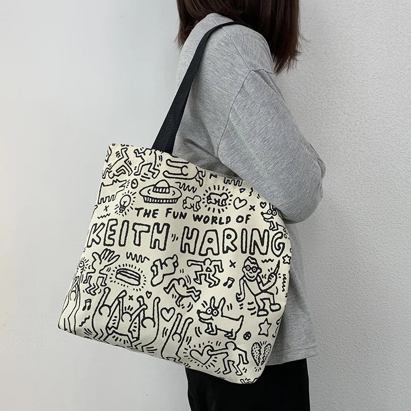 Canvas Bag for College Female Students Shoulder Portable Book Large Capacity