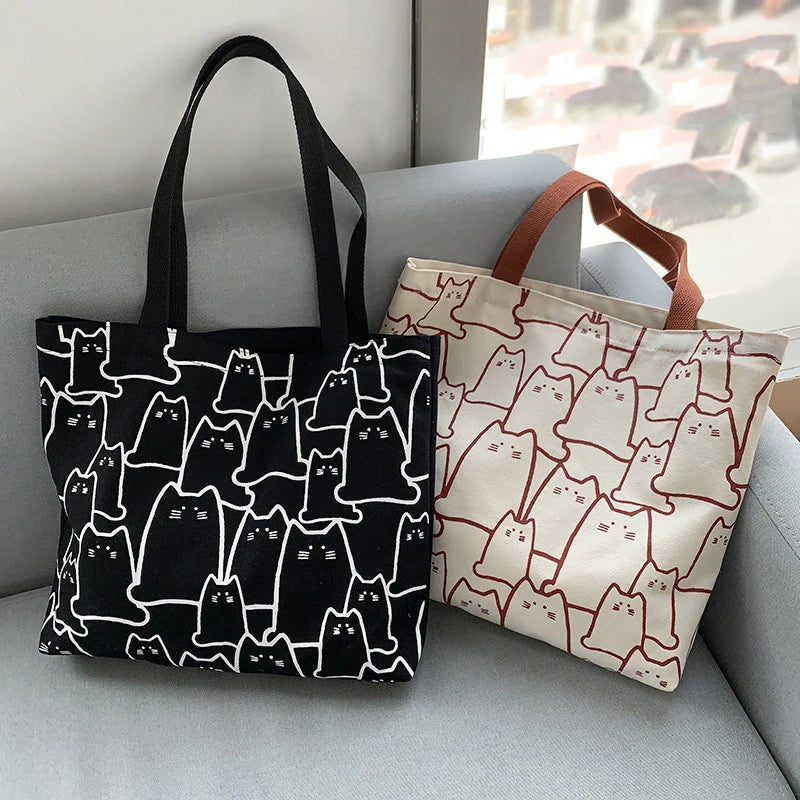 Cat Tote Bag with Zipper Japanese Style Cartoon Shoulder Bags