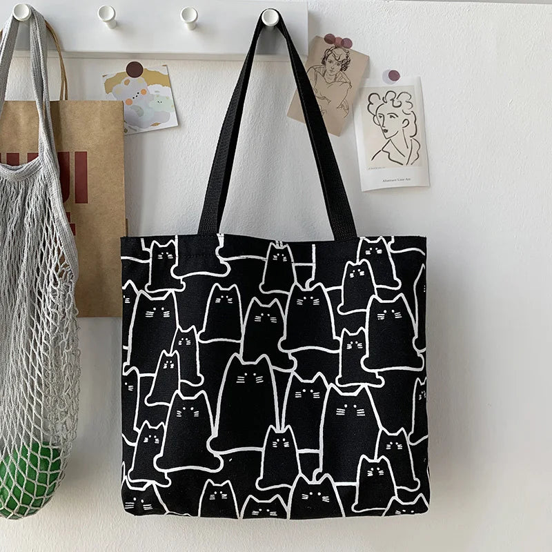 Women's Cat Tote Bag with Zipper - Japanese Style Shopper Shoulder Bag