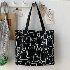 Women's Cat Tote Bag with Zipper - Japanese Style Shopper Shoulder Bag