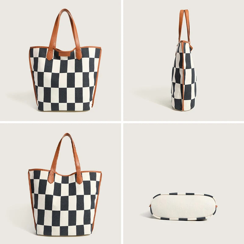 Canvas Shoulder Bag Checkered Top Handbag Shopping Tote Bag