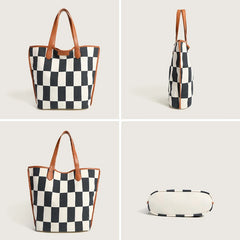 Canvas Shoulder Bag Checkered Top Handbag Shopping Tote Bag