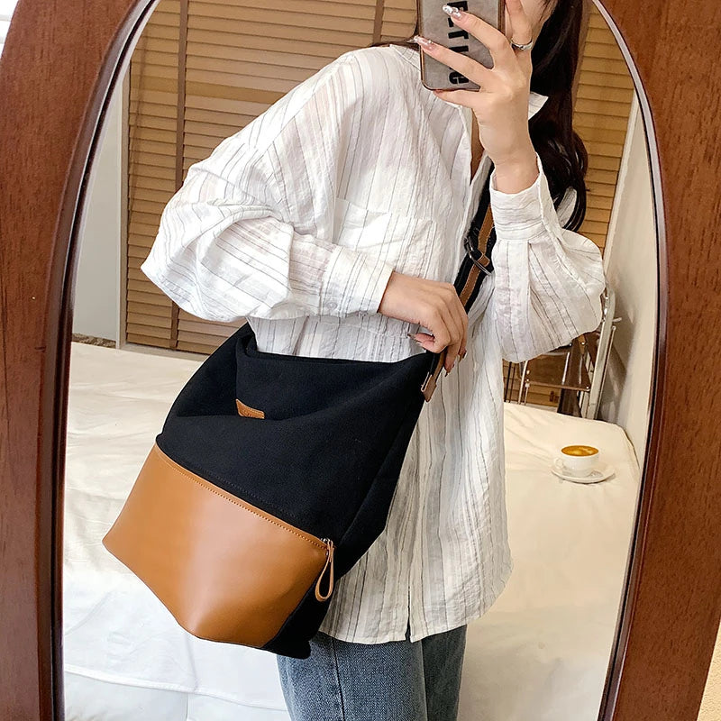 Canvas Bucket Bag Small Shoulder Crossbody Tote with Zipper Casual Shopper