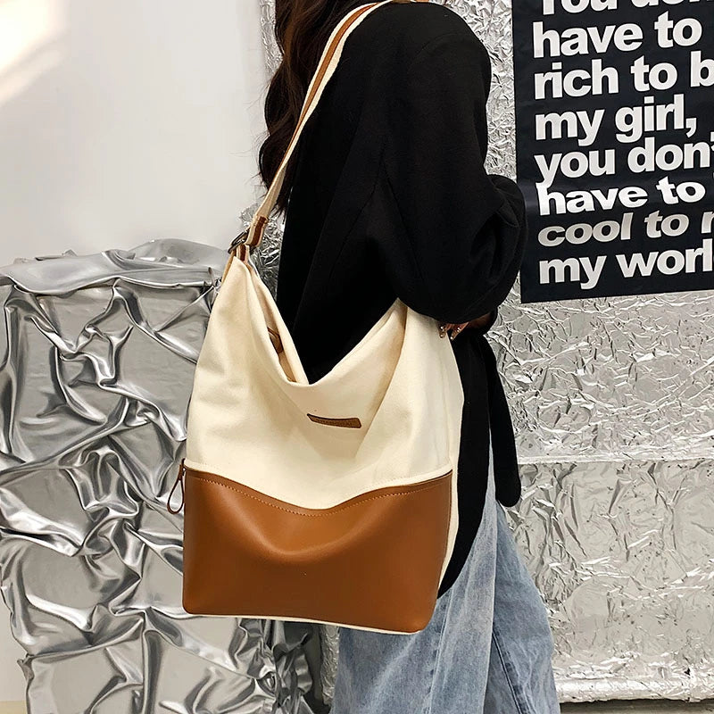 Canvas Bucket Bag Small Shoulder Crossbody Tote with Zipper Casual Shopper