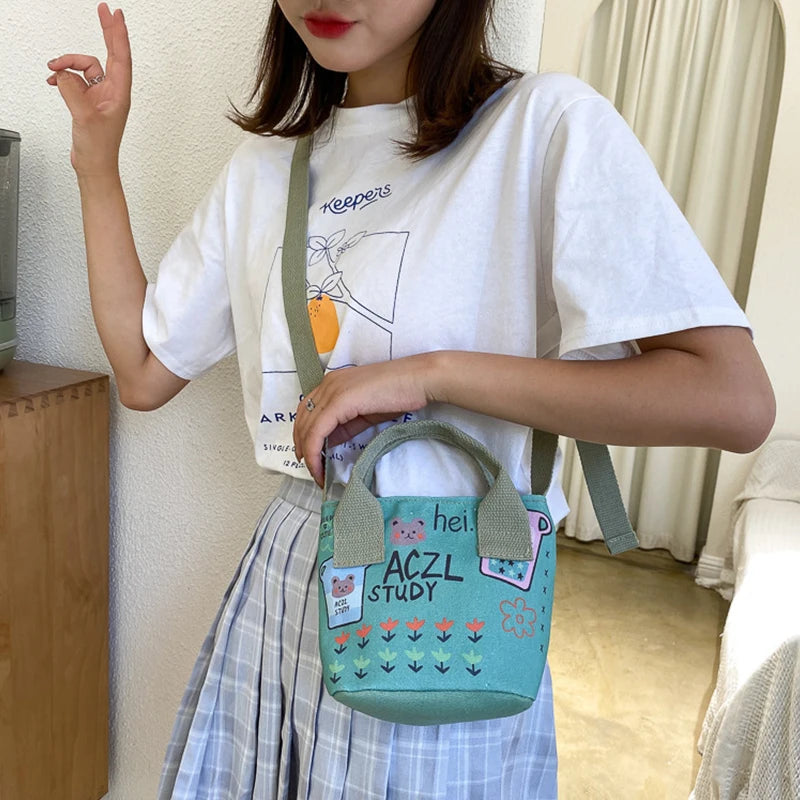 Canvas Bucket Bags for Women Student Shoulder Bags Cartoon Messenger Bags