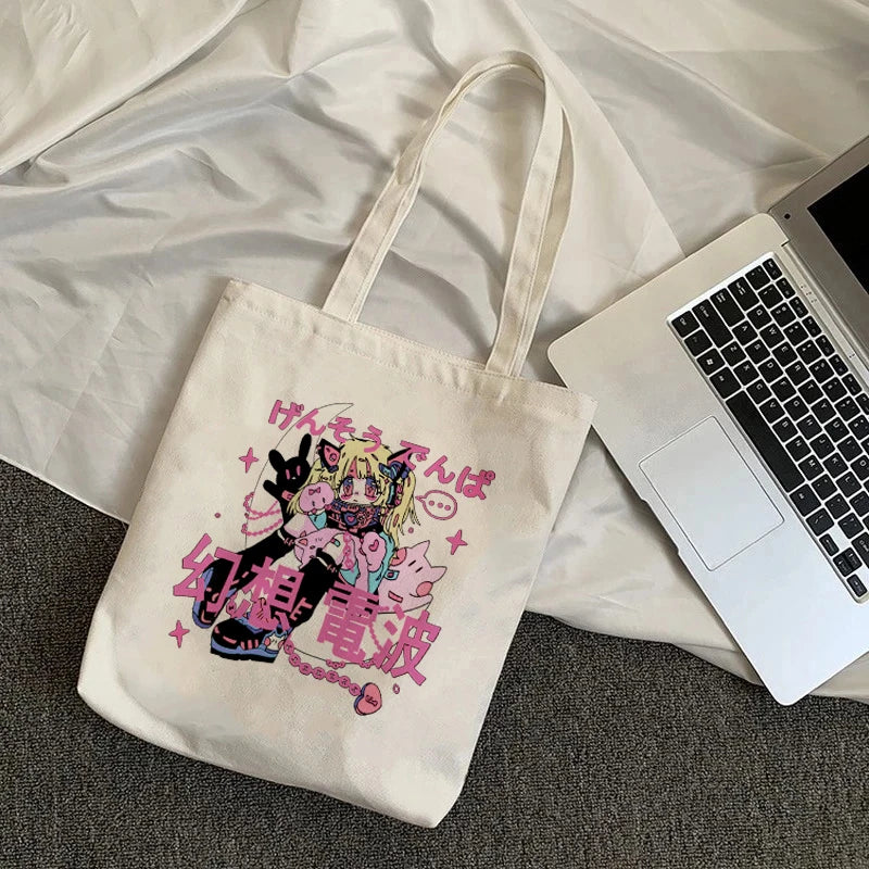 Canvas Corduroy Shoulder Shopping Bags Anime Print Women Shopper Daily Handbag