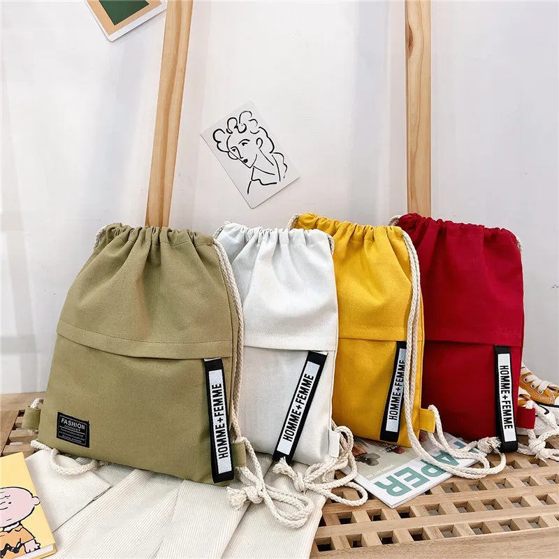 Canvas Drawstring Backpack Shoulder Bags for Women Solid Organizer