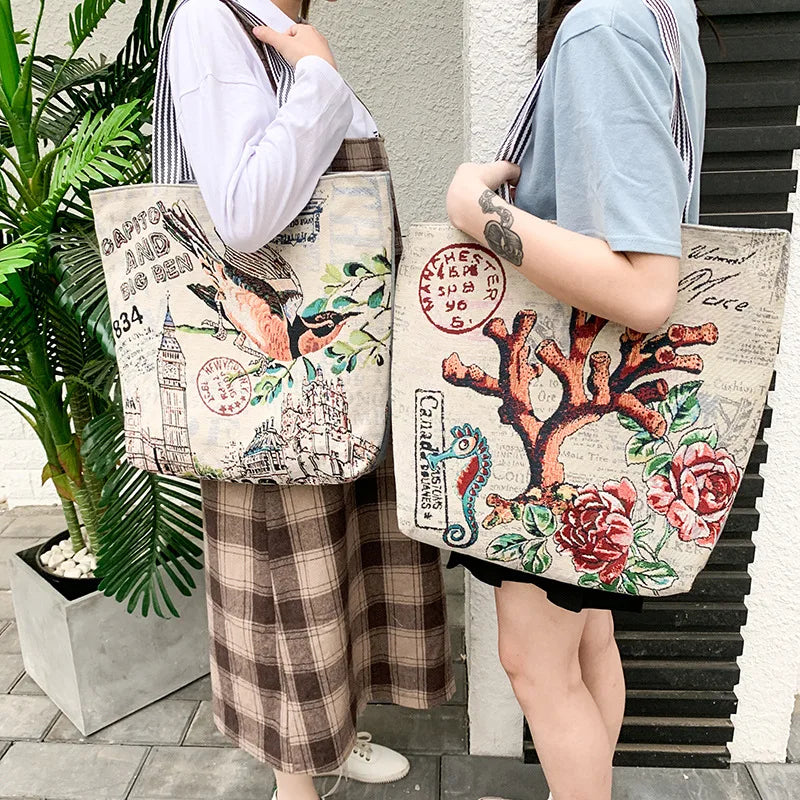 Canvas Handbag Birds Owl Butterfly Print Shoulder Tote Bag