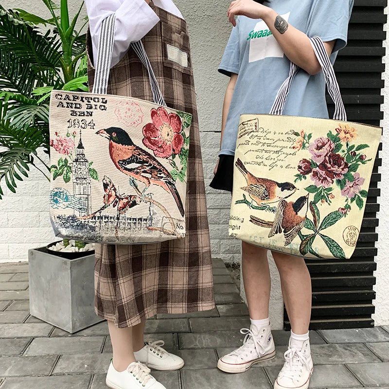 Canvas Handbag Birds Owl Butterfly Print Shoulder Tote Bag