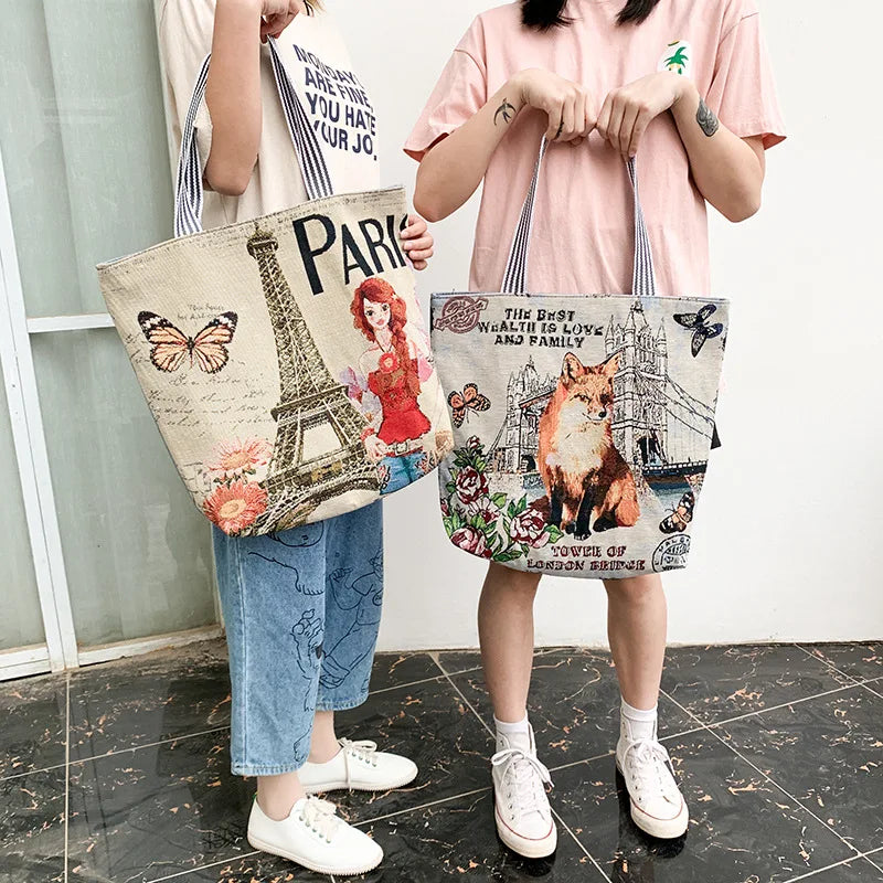 Canvas Handbag Birds Owl Butterfly Print Shoulder Tote Bag
