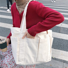Canvas Multi-Pockets Handbag School Teacher Leisure Top-Handle Bag Teenager Tote