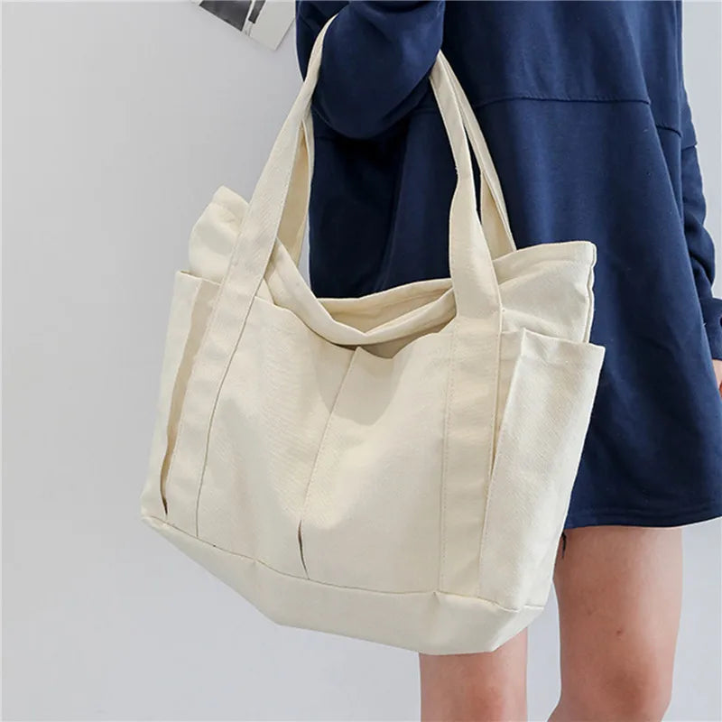 Canvas Multi-Pockets Handbag School Teacher Leisure Top-Handle Bag Teenager Tote