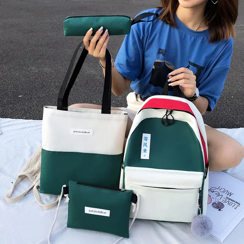 Canvas Panelled Large Capacity Shoulder Bags Women 4pcs/set