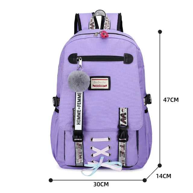Canvas School Bags for Girls Teenagers Backpack Women Bookbag USB Charging