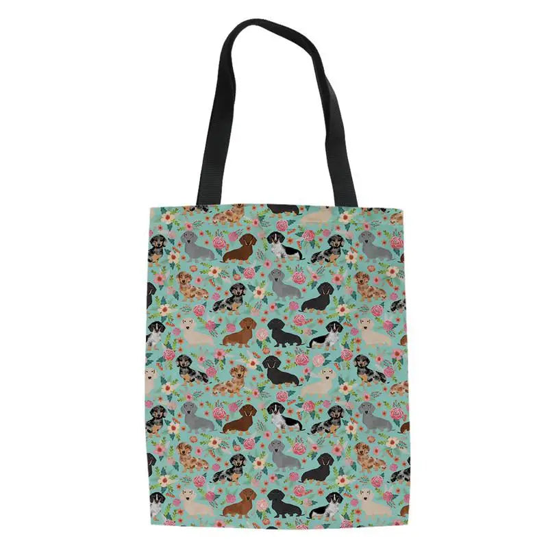 Flower & Dog Print Canvas Shoulder Bag - Casual Tote