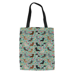 Flower & Dog Print Canvas Shoulder Bag - Casual Tote