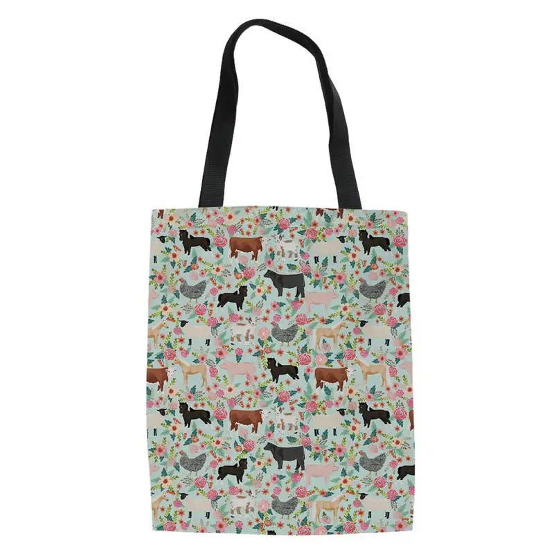 Flower & Dog Print Canvas Shoulder Bag - Casual Tote