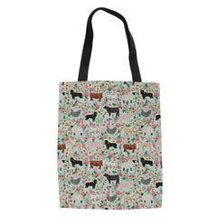 Flower & Dog Print Canvas Shoulder Bag - Casual Tote