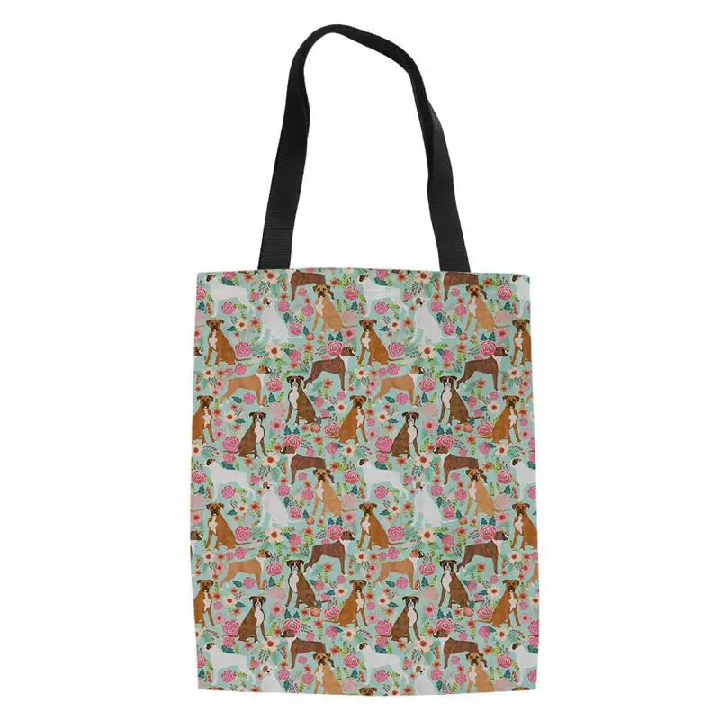 Flower & Dog Print Canvas Shoulder Bag - Casual Tote